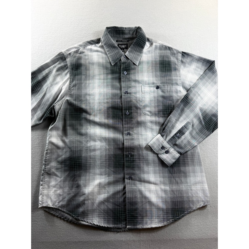 Haggar Button Up Shirt Mens XL Gray Plaid Luxury Microfiber Long Sleeve